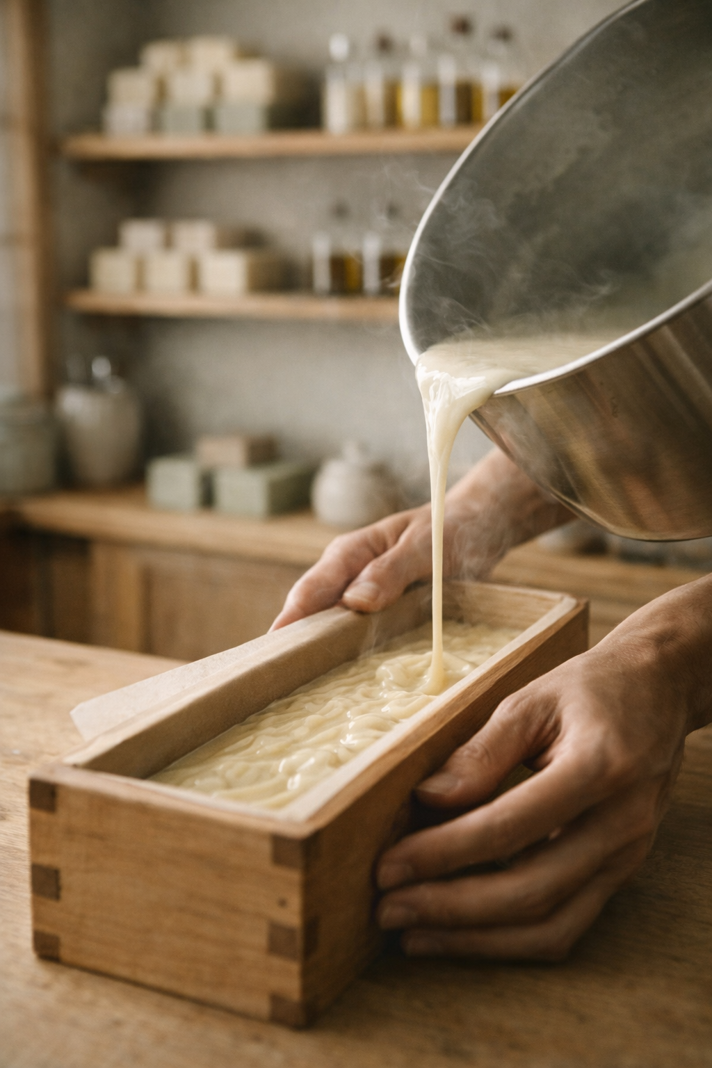 Artisan pouring handmade soap into traditional wooden mold