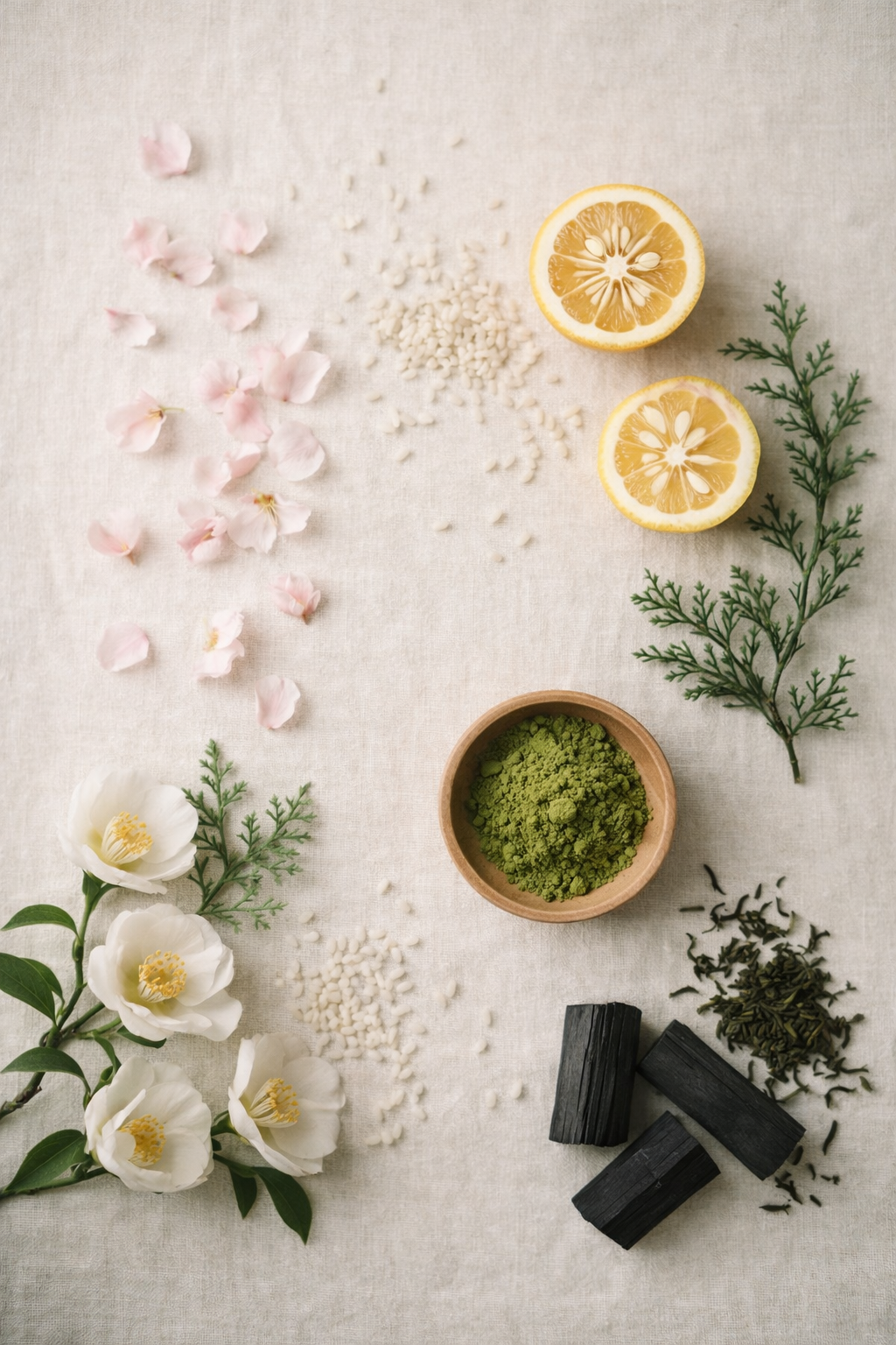 Natural Japanese ingredients including sakura, matcha, yuzu, and charcoal