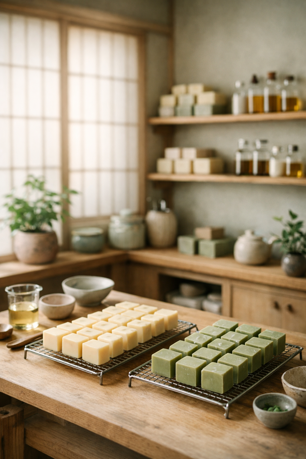 Our Tokyo soap-making workshop with handcrafted soaps curing on racks